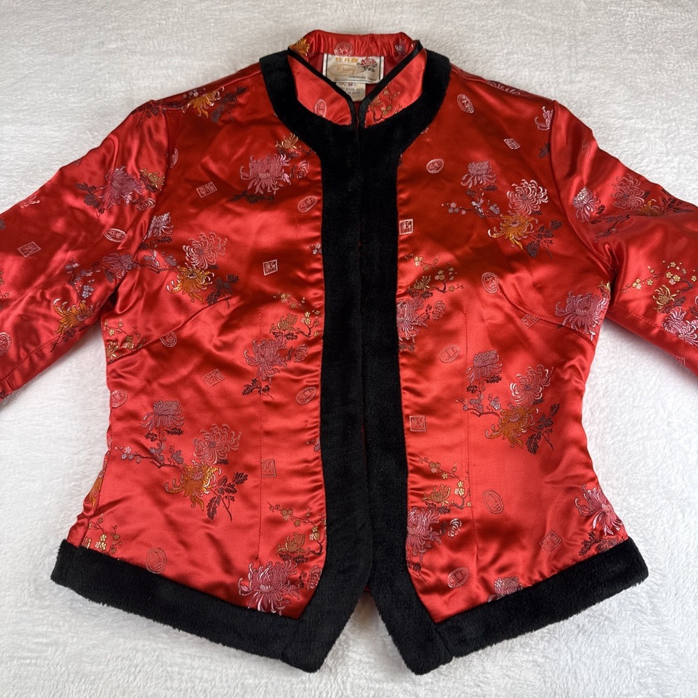 Peony‎ Red Rayon Quilted Asian Oriental Floral Embroidery Jacket Woman's 36